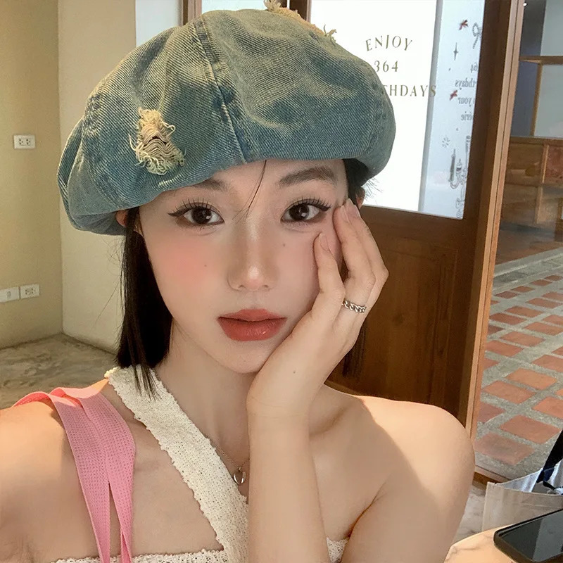 Trendy Blue Denim Beret Hat Slouchy French Style Cap for Women Chic Denim Beret Headwear Casual Accessories Spring Autumn 251023