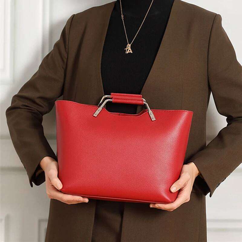 Burminsa Cowhide Genuine Leather Tote Handbags For Women 2025 Designer Metal Top Handle Ladies Shoulder Crossbody Bags