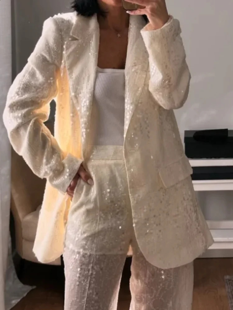 Women Suit Sequin Blazer Long Sleeve Laple Jacket Straight Perspective Trouser 2 Piece Pant Set Elegant Lady Office Outwear 251023
