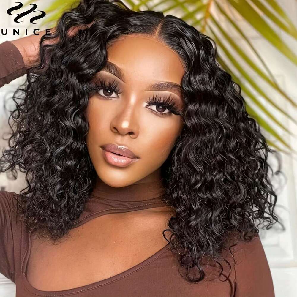 UNICE Water Wave Short Bob Human Hair 7x5 HD Cut Lace Bye Glueless Wigs Bleached Knots Pre Plucked Hairline Put on and Go Beginner Wig for Women