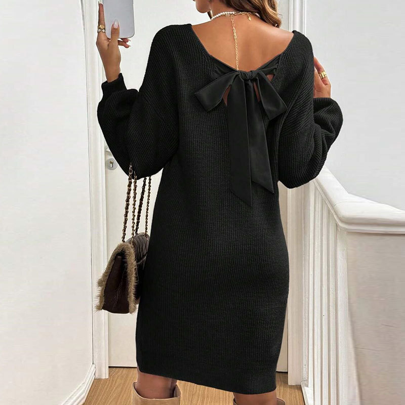 European and American autumn and winter new designer loose knit V-neck bow long sleeved multifunctional pullover women's dress