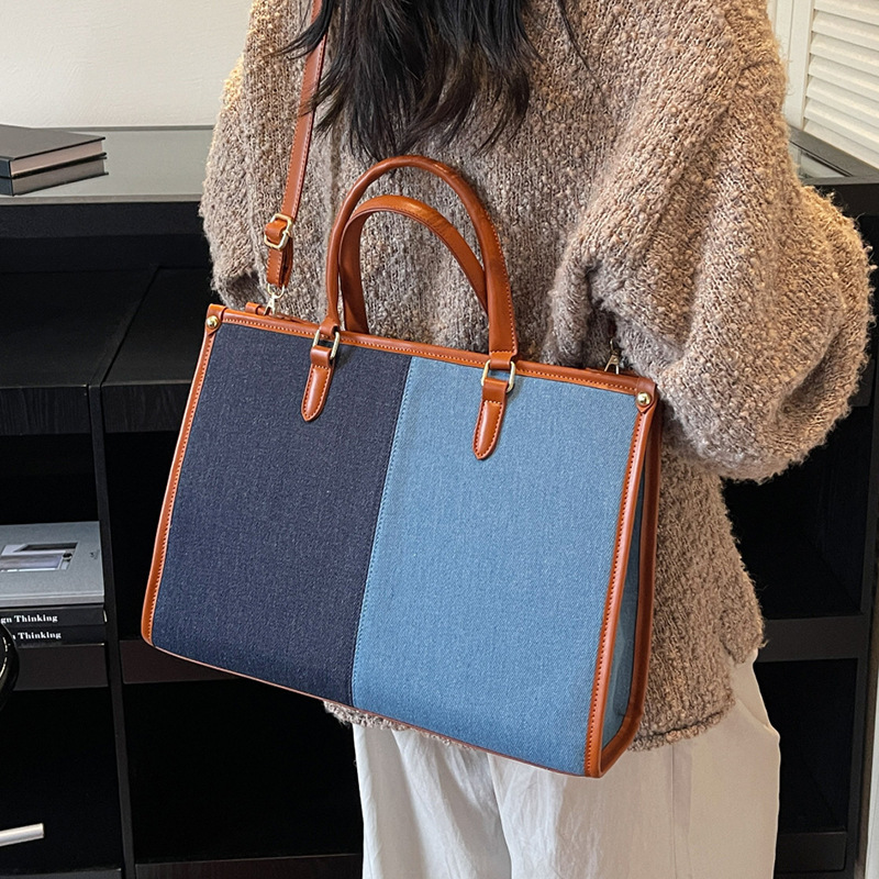 New autumn and winter women's large capacity shoulder bag new color blocked denim luxury handbag versatile commuting bag simple casual tote bag