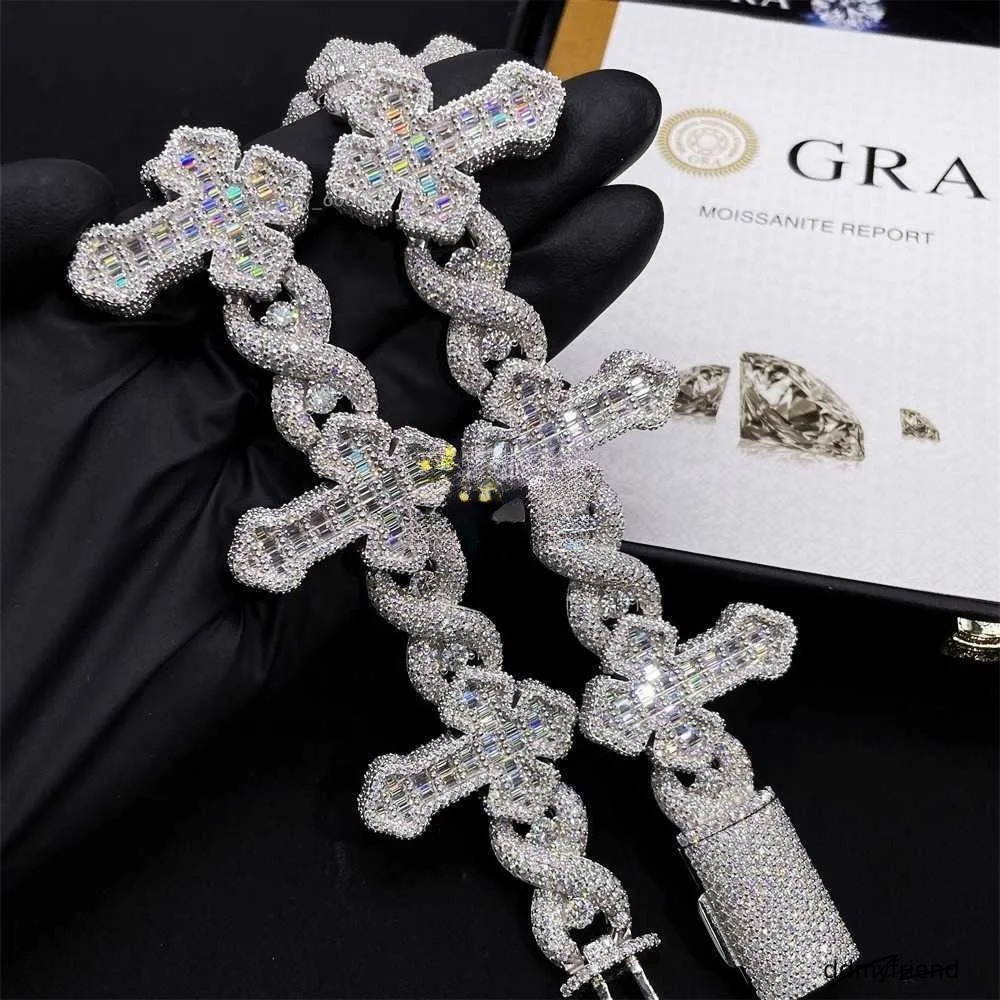 Cross Design Hip Hop Jewelry Sier Charm Iced Out VVS Baguette Moissanite Cuban Bracelet Ddmyfriend