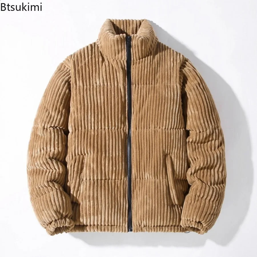Mens Corduroy Parkas Thicken Warm Cottonpadded Jackets Fashion Stand Collar Solid Zipper Casual Coats Man Winter Outerwear 251020