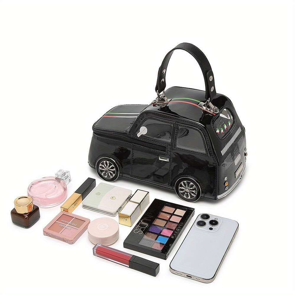 2025 New Wo 'S Vintage Car-Shaped Handbag - Cute 3D Cartoon Design With Removable Shoulder Strap, Zipper Closure Polyester Lining, Mixed Colors, 