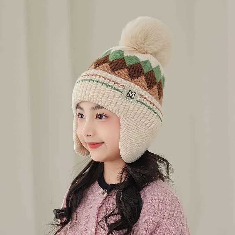 New Kids Knitted Hat Warm Winter Hat with Plush Pom Earmuffs Childrens Windproof and ColdProof Beanie Childrens GiftL251024