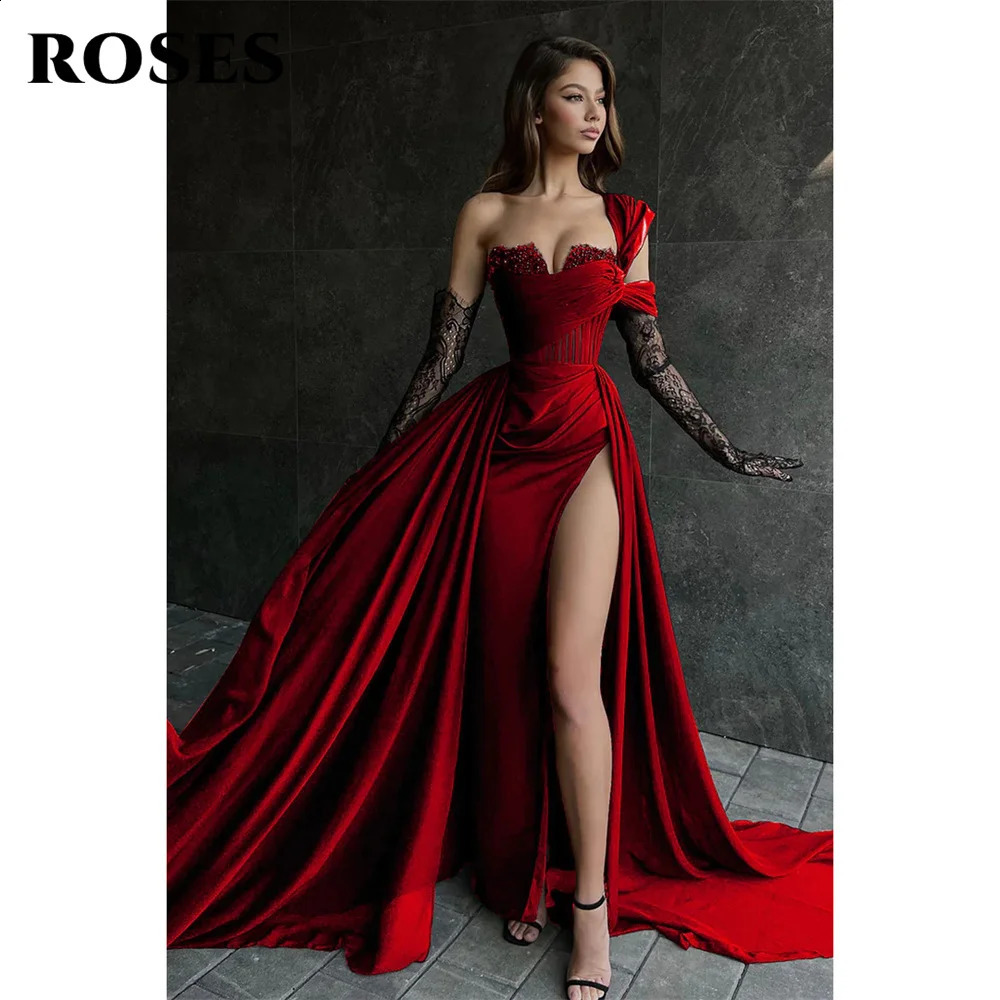 ROSES Red Side High Split Mermaid Evening Dresses One Shoulder Prom Dresses Sweetheart Stain Formal Occasion Dress Customized 251023