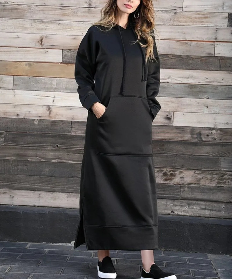 Hoodies Dress for Women Fashion Hem Laceup Midi Robe Hooded Long Vestidos Winter Warm Casual Loose Sweatshirt Dress 251023