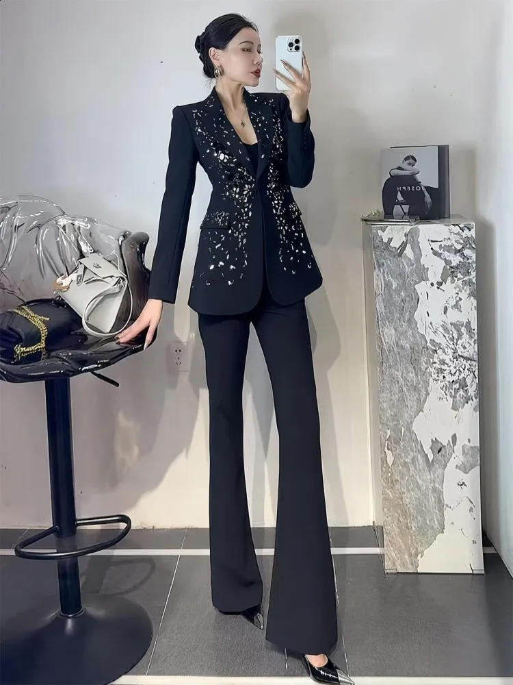 Office Ladies Work Formal Suit Elegant Long Sleeve Blazer Jacket Two Piece Set Host Fashion Sequin Floor Length Bootcut Pant 251023