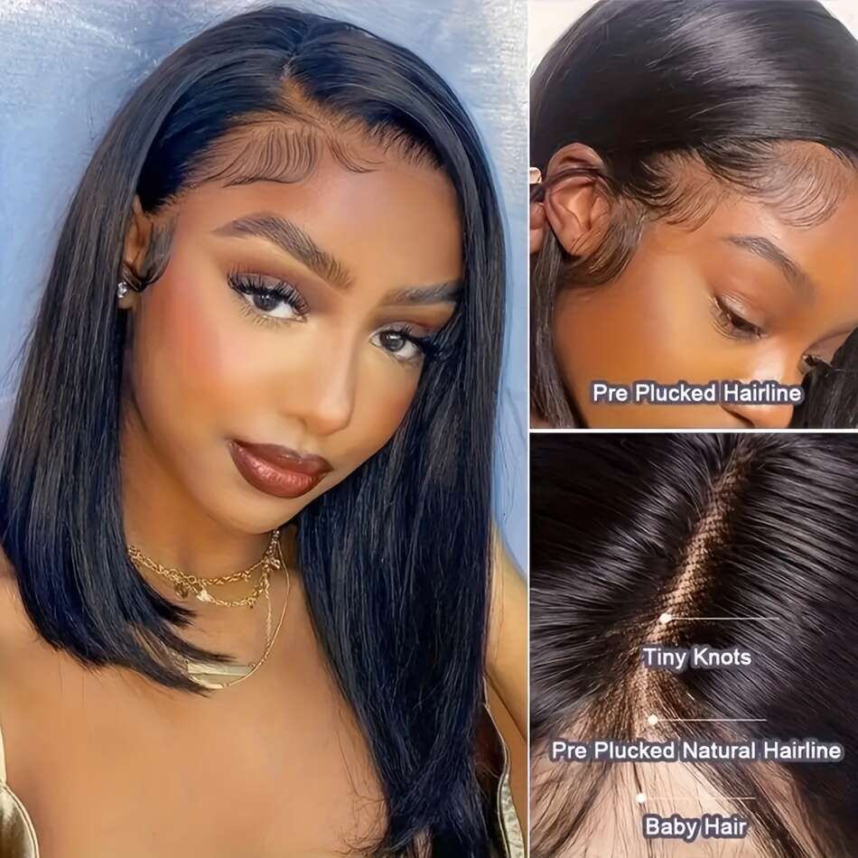 200% Density Short Bob Front Human Hair Straight Wigs For Women 13x4 HD Transparent Brazilian Lace Frontal Wig Pre Plucked Natural Black Color