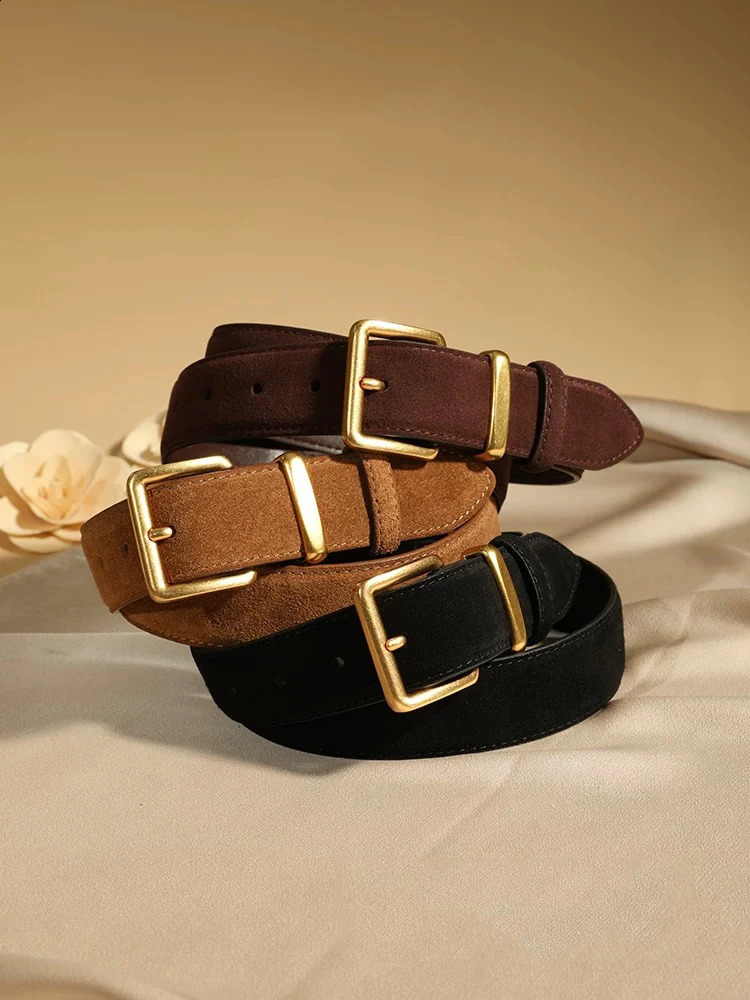 Suede Cowhide Leather Belt for Women Vintage Style with Gold Buckle 33cm Wide Waistband for Dresses Jeans 251013