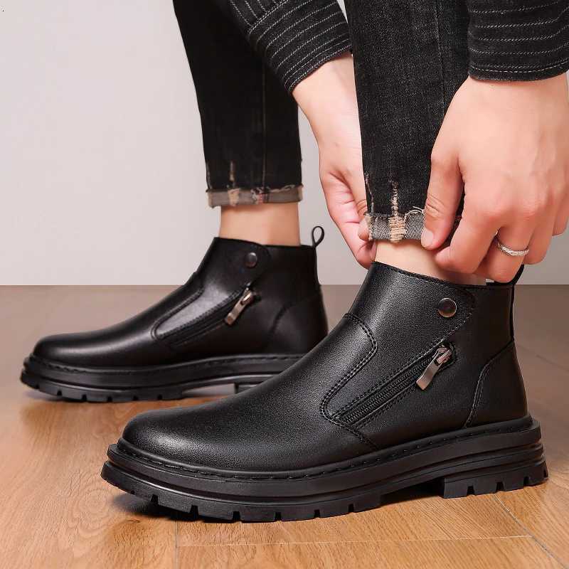 Genuine Leather Mens Chelsea Boots Side Zipper Man Business Shoes Fashion Men Ankle Boots Winter Plush Snow Botas High Top Shoes W251024