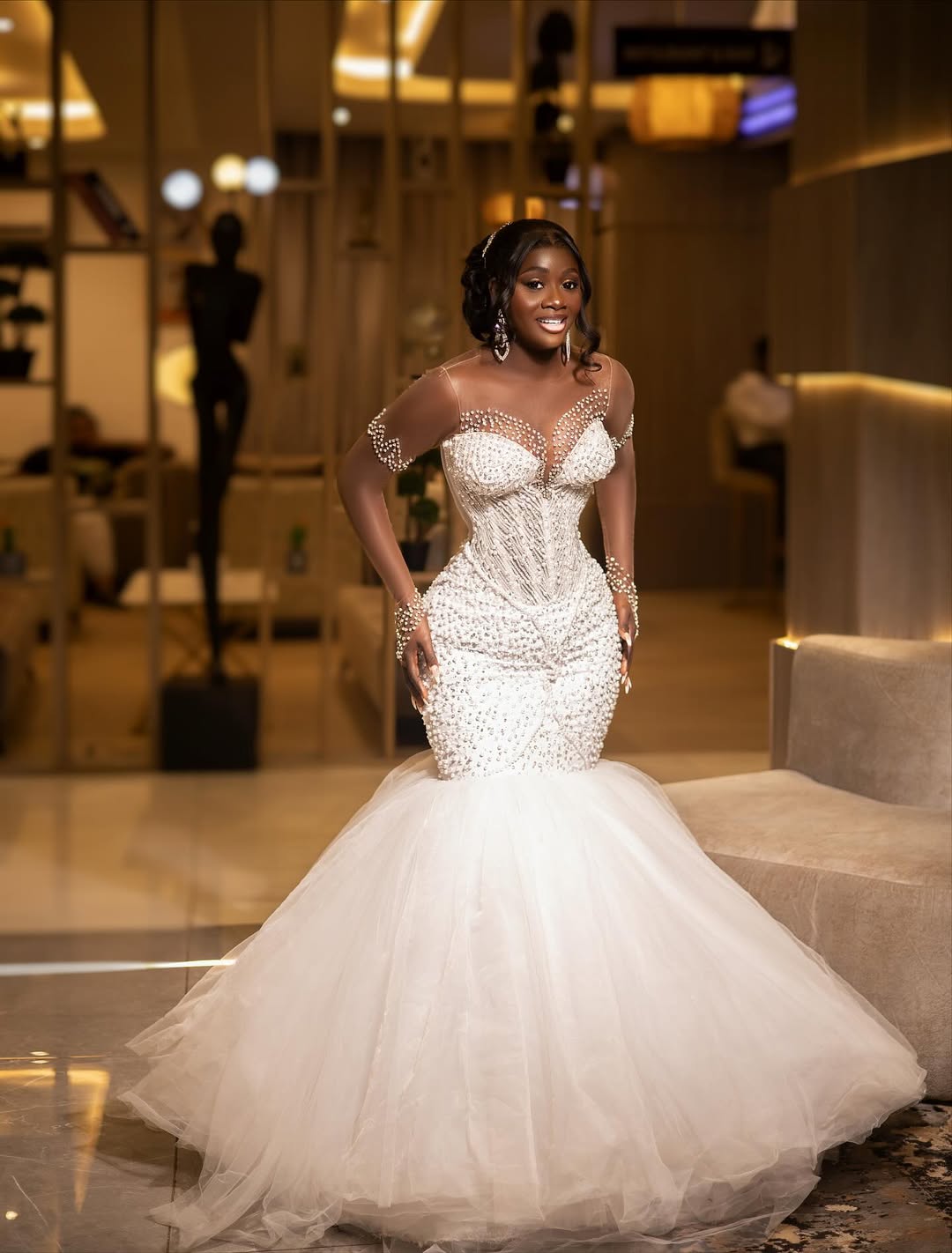 2025 Aso Ebi African Wedding Dress Bridal Gowns For Bride Mermaid Sheer Neck Illusion Appliqued Beaded Lace Pearls Rhinestones Wedding Gowns For Black
