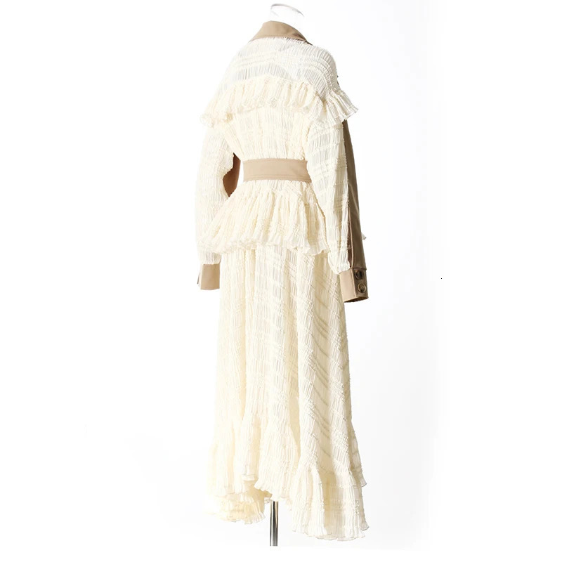 DEAT Fashion Lace Patchwork Trench Coat Womens Lapel Loose Double Breasted Sashes Xlong Windbreaker Spring 251021