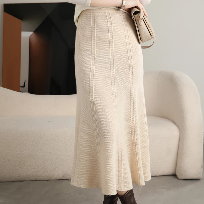100 Pure Wool Knitted Skirt Womens Autumn And Winter MidLength High Waist Hip Long Slim Cashmere Umbrella 251017