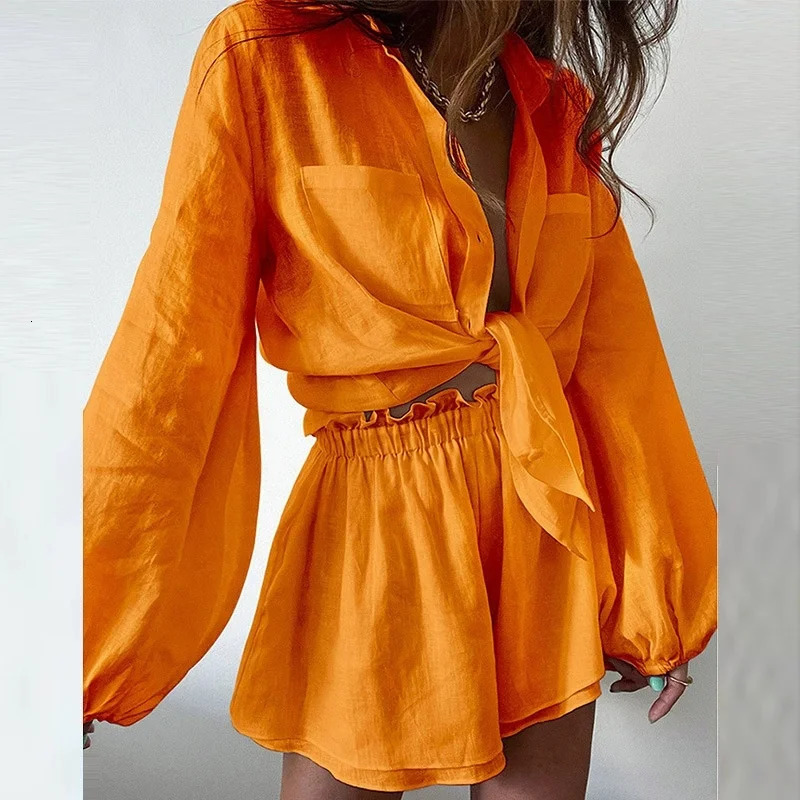 Cakulo 2025 Womens Summer 2Piece Outfit Long Sleeve ButtonDown Loose Blouse And Shorts Sweatsuit Set Casual Comfortable Style 251013