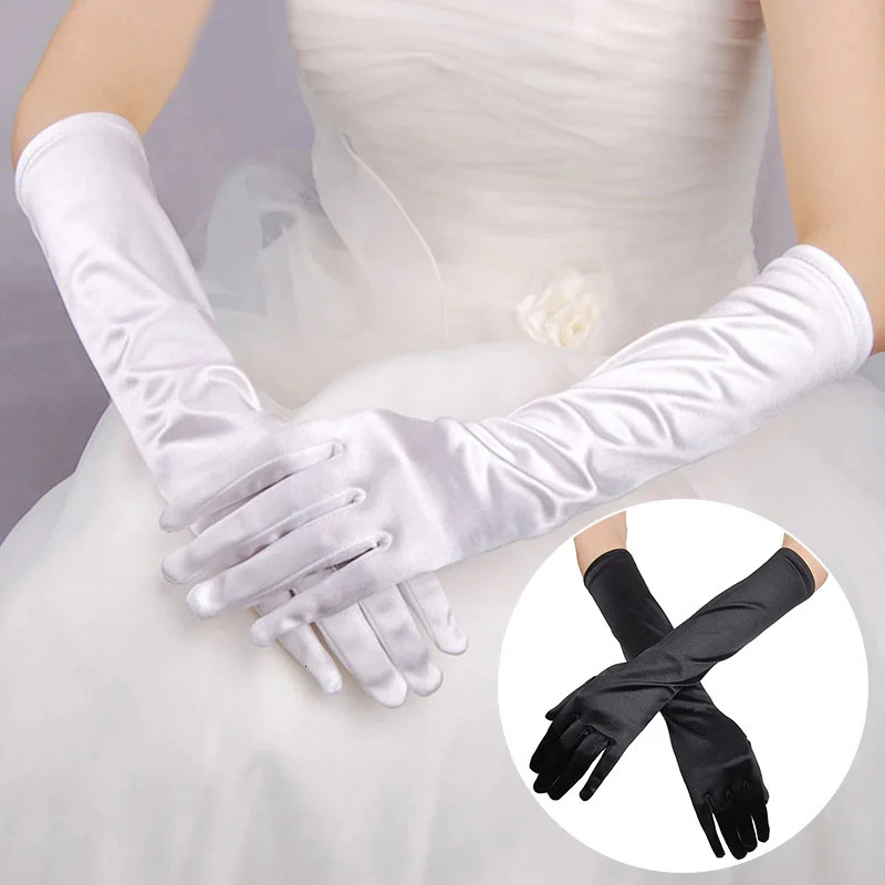 Elegant Satin Solid Women Gloves Halloween Cosplay Stage Performance Etiquette Gloves Christmas Thin Full Finger Dress Mittens 251021