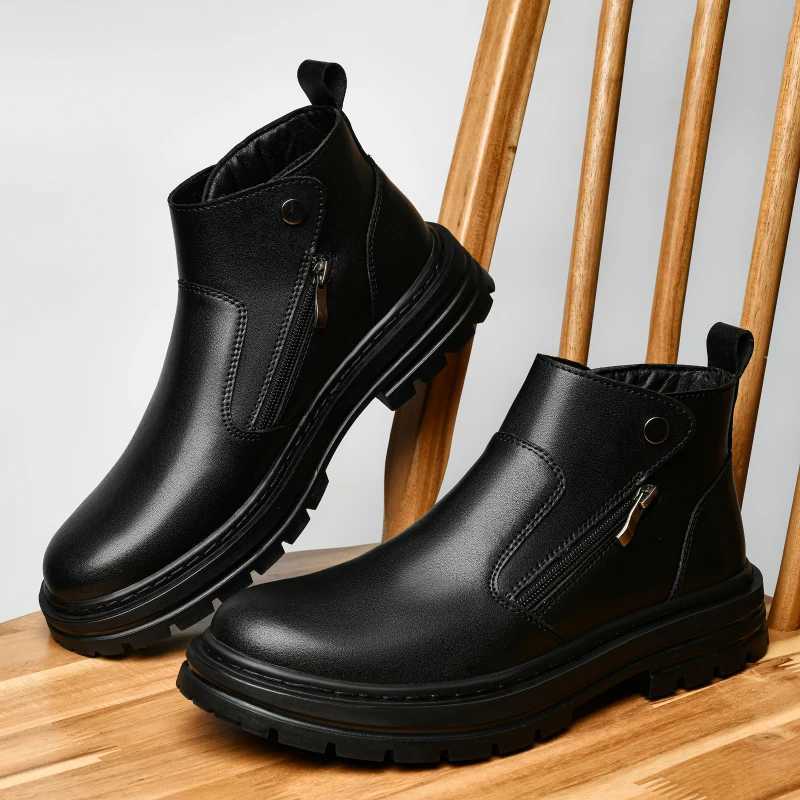Genuine Leather Mens Chelsea Boots Side Zipper Man Business Shoes Fashion Men Ankle Boots Winter Plush Snow Botas High Top Shoes W251024