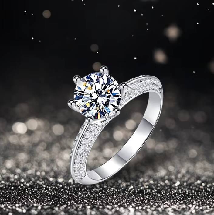 Wholesale Silver Plated Six Claw Moissanite Zircon Ring Romantic Style Wedding Party Anniversary Jewelry