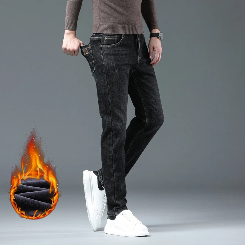 Winter Men Fleece Warm Jeans Classic Style Business Casual Thicken Velvet Slim Denim Pants Trousers Male Size 2842 251018