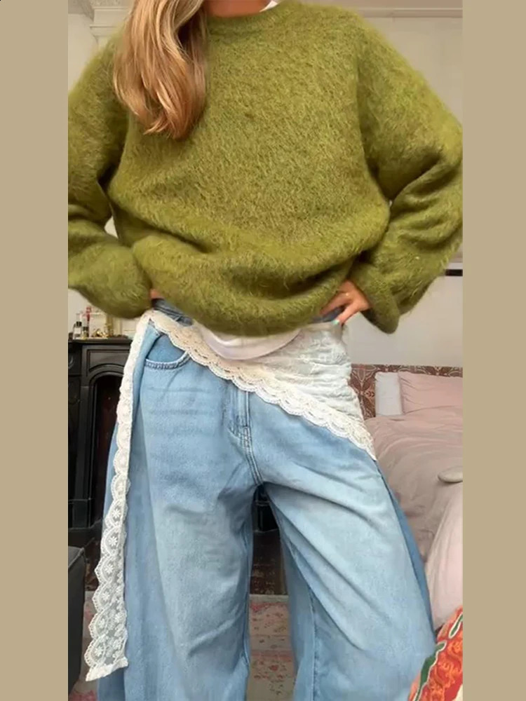 Casual Green Loose Sweaters Women Fashion Full Sleeve Knitted Oneck Soft Pullover Sweater Female Autumn Lady Outwears 251023