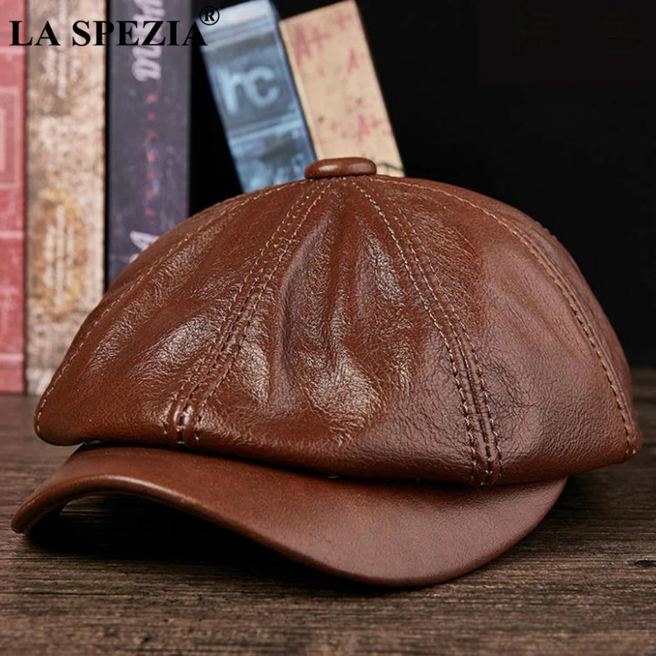 LA SPEZIA Black sboy Hats For Men Genuine Cowskin Leather Octagonal Cap Male Autumn Winter Fitted Vintage Duckbill Hats Beret 251021