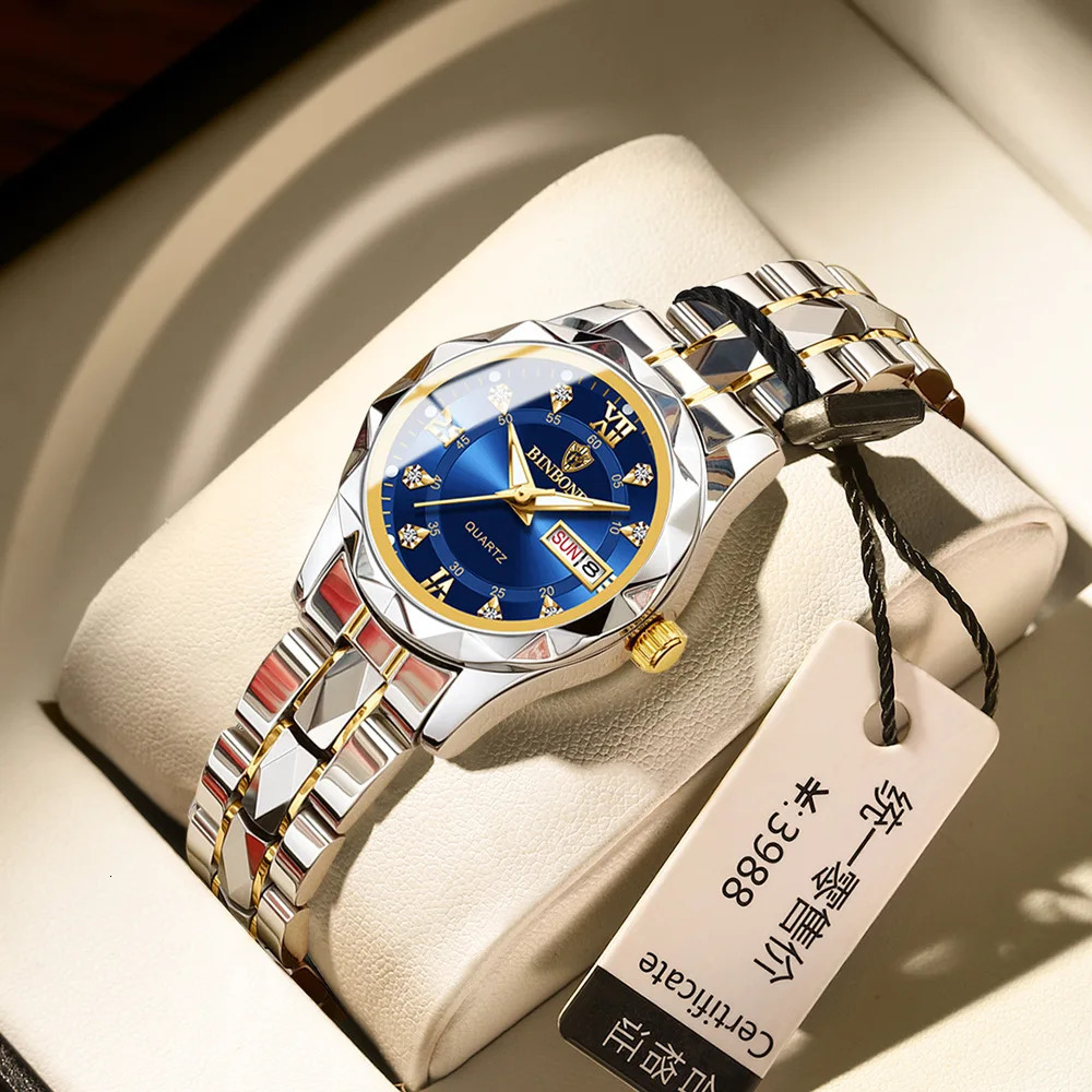 BINBOND 2522 Fashionable Womens Quartz Watch Tungsten Steel Timer Waterproof Night Light Dual Calendar Womens Watch 251021