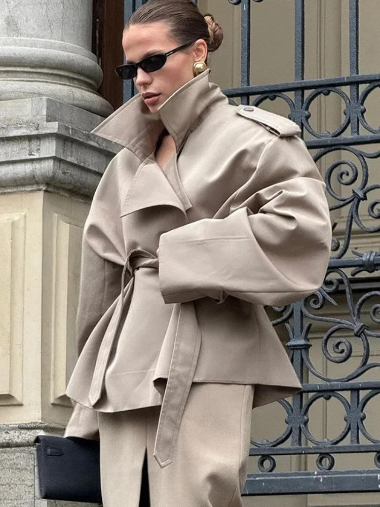 Solid Laepl Lace Up Trench Coat Women Fashion Full Sleeve Waist Cinching Short Windbreak Autumn office commute outwear 251021