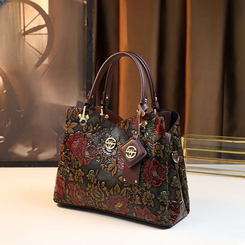 Floral Handbag For Wo, Autumn Winter New Arrival, Hand-Painted Tote With Zipper Closure, Elegant Mom Purse