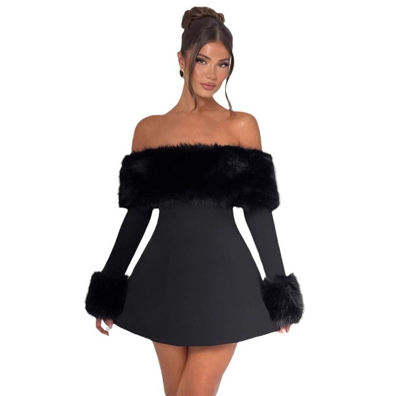 Women's Winter New Elegant Off Shoulder One Shoulder Collar Fur Patch Tight High Waist Designer Dress