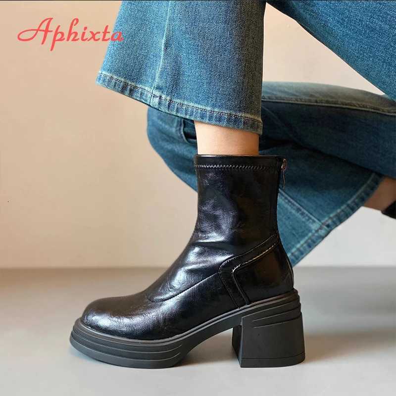 Aphixta Retro Chelsea Shoes Classic Woman Ankle Boots Square Heel Platform Boot Patent Leather Winter Black Ankle Boots W251024