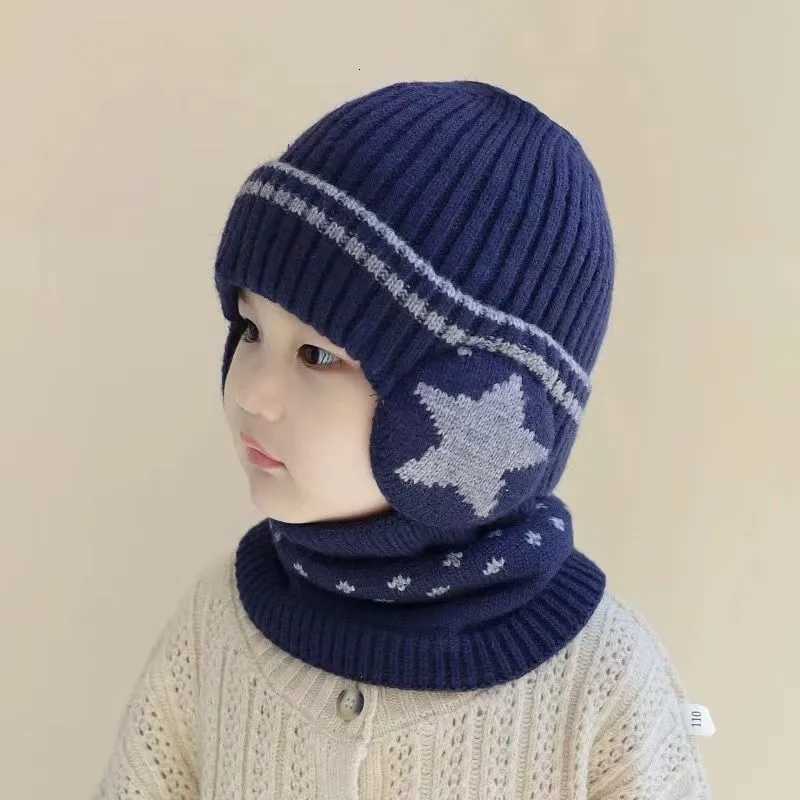 Kids Winter Hat Neck Warmer Set Plush FleeceLined Ear Flap Beanie with Star Pattern Warm Knit Baby CapL251024