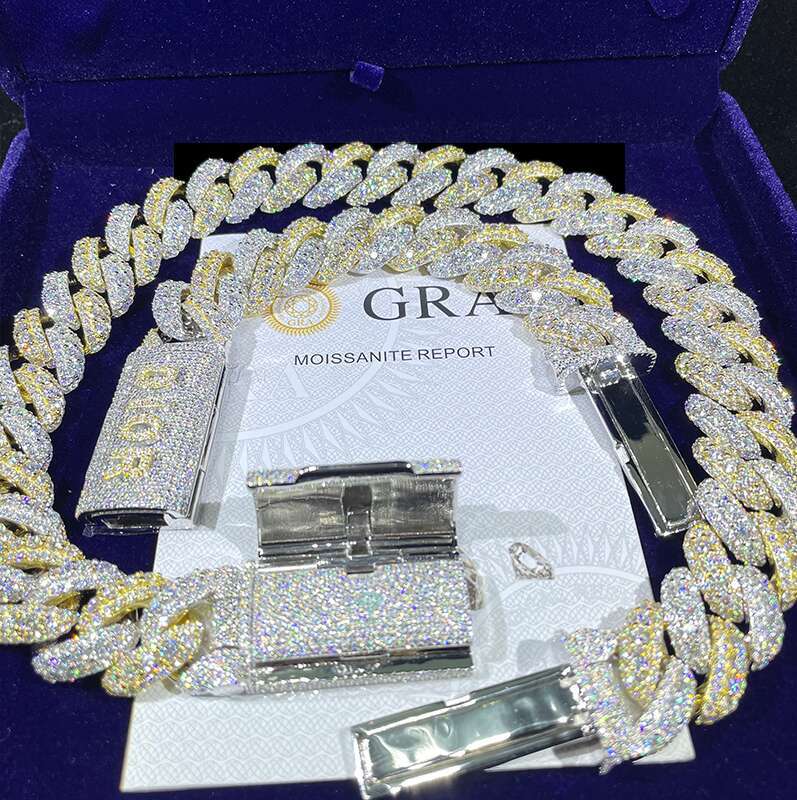 Designer necklace Hip hop jewelry bracelet necklace20mm Cuban VVS Fine Jewelry Necklace Men's Two-tone Sier Charm Silicon Stone Chain