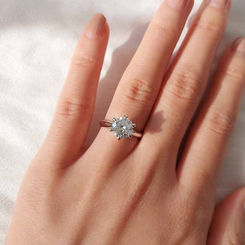 Fine Jewelry Lab Diamond Ring 14k White Gold Real 2ct DVVS1 Round 6 Prongs Solid Solitaire Moissanite Ring
