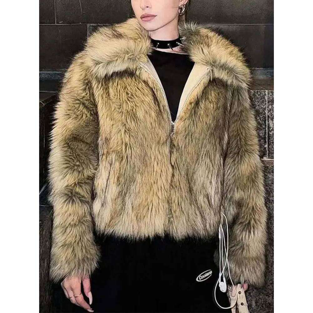 Vintage Women's Faux Fur Jackets Long Sleeve Lapel Pockets Zipper 2025 Winter Coats Lady High Street Woman Outerwear