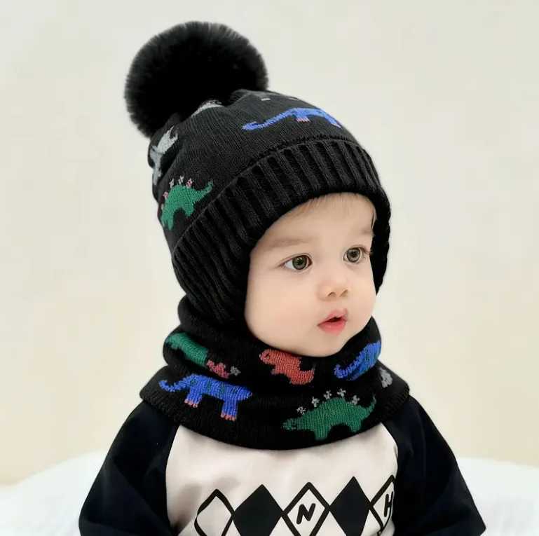 2pcs Winter Kids Dinosaur Hat and Scarf Set 2pcs FleeceLined Warm Cartoon Cute Thickened Hat and Scarf 2pcs for OutdoorL251024