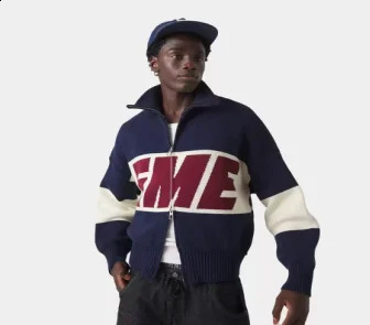 Autumn and winter cardigan woolen sweater knitted jacket high collar jacquard splicing letter casual sweater retro couple outfit 251023