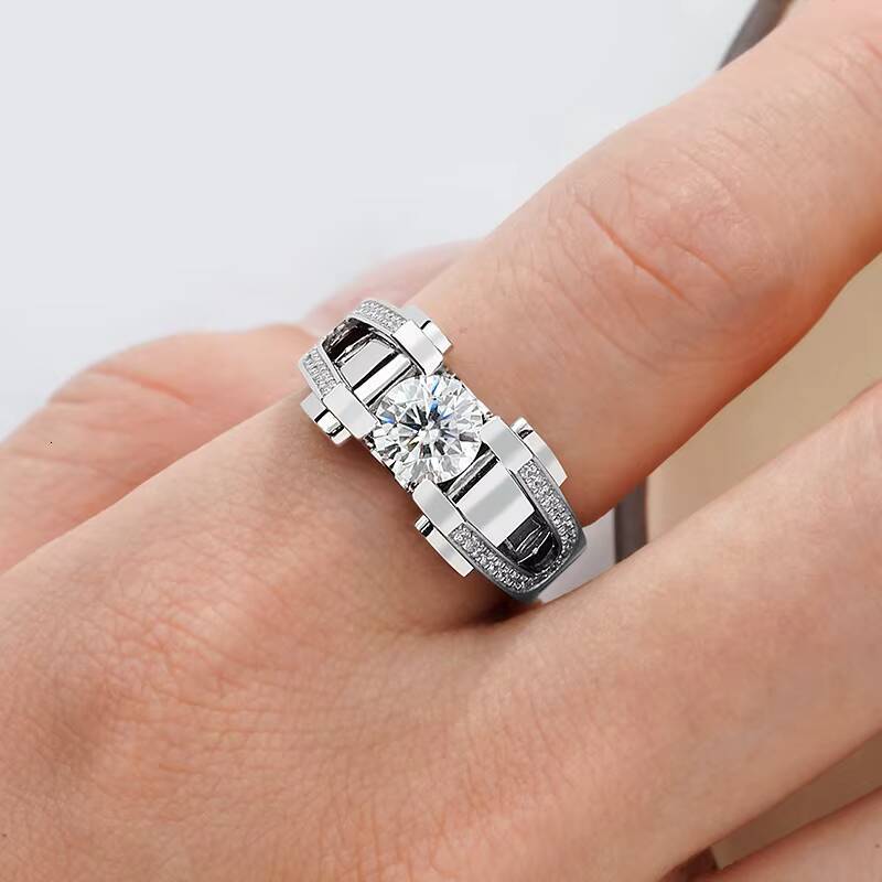 White Gold S925 Silver Rings DVVS1 Moissanite 1CT 2CT Round Shape Moissanite Stones Men Silver 925 Ring
