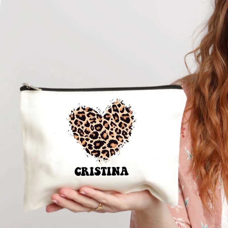 Heart Leopard Pattern Name Customization White Makeup Bag Canvas Wash Bag Organizer Fashion Travel Lipstick Storage Bags WalletT251024