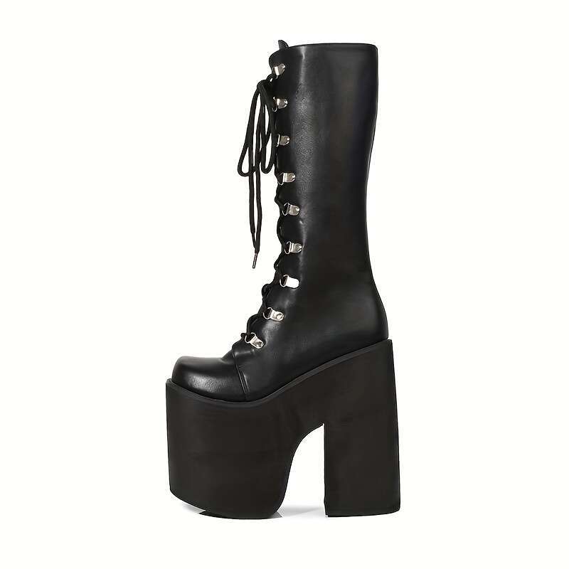 Women's Y2k Chunky Platform With Side Zipper Lace-Up Detail - Black Square Toe PU Cover High Heel Boots For Casual & Formal Wear, All-Season Comf
