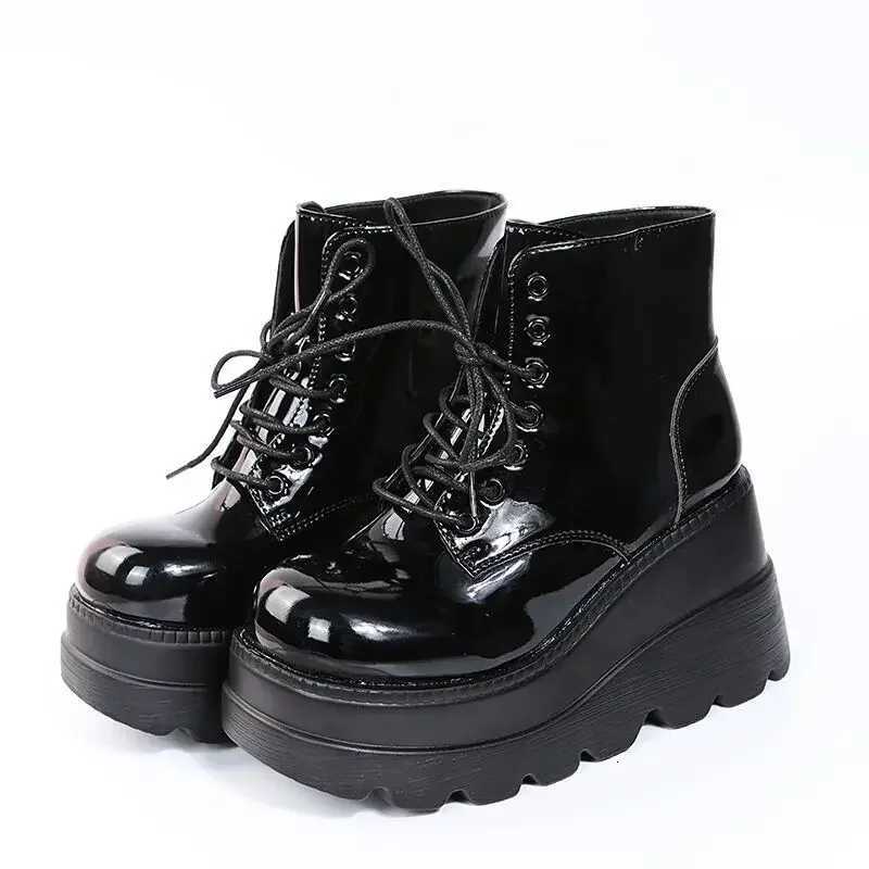 Women Boots High TopThick Sole Winter Slope Heel Lace Up Ankle Boots Women Shoes Bright Black Light Bling Black Chaussure Femme W251024