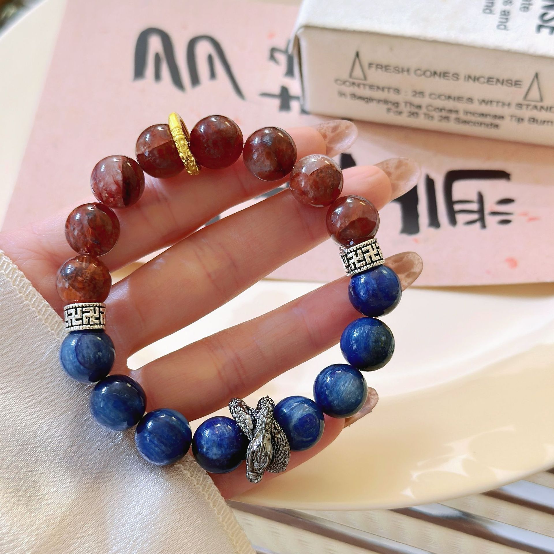 Natural Single Loop Water Red Agate Crystal Bracelet with Blue Quartz - Minimalist Luxury Design