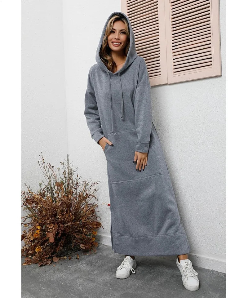 Hoodies Dress for Women Fashion Hem Laceup Midi Robe Hooded Long Vestidos Winter Warm Casual Loose Sweatshirt Dress 251023