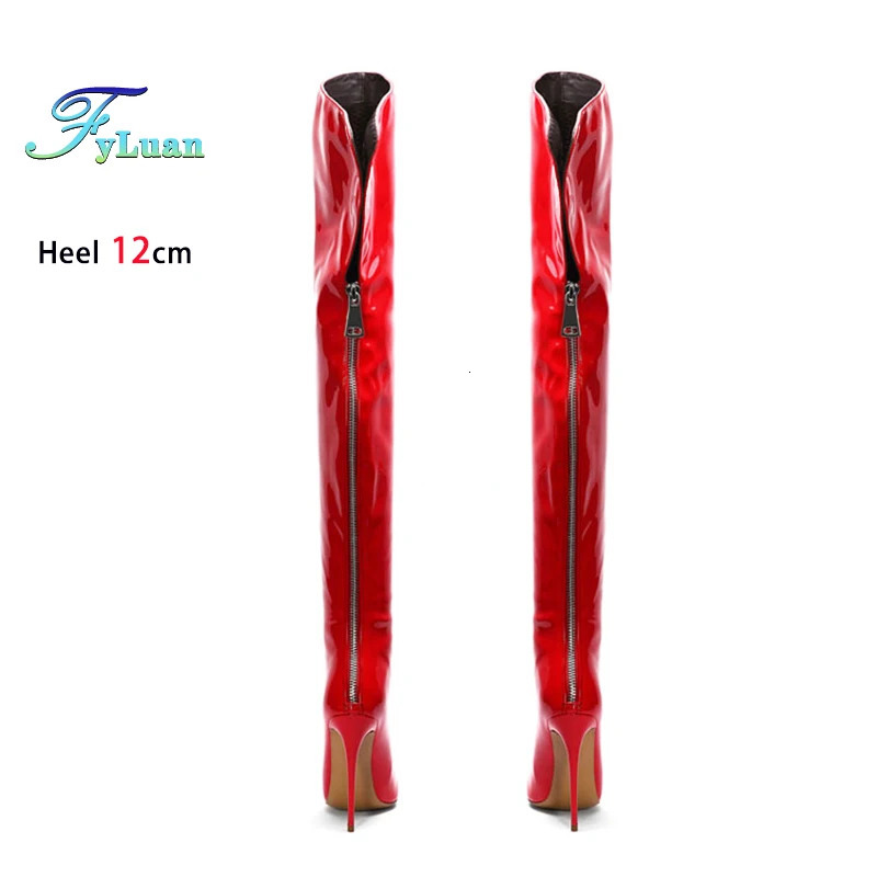 Back Zipper Slim Leg Thigh Boots For Woman 2025 Pointed 12CM Thin High Heels Glossy Leather Black Over The Knee Women Boots 251023