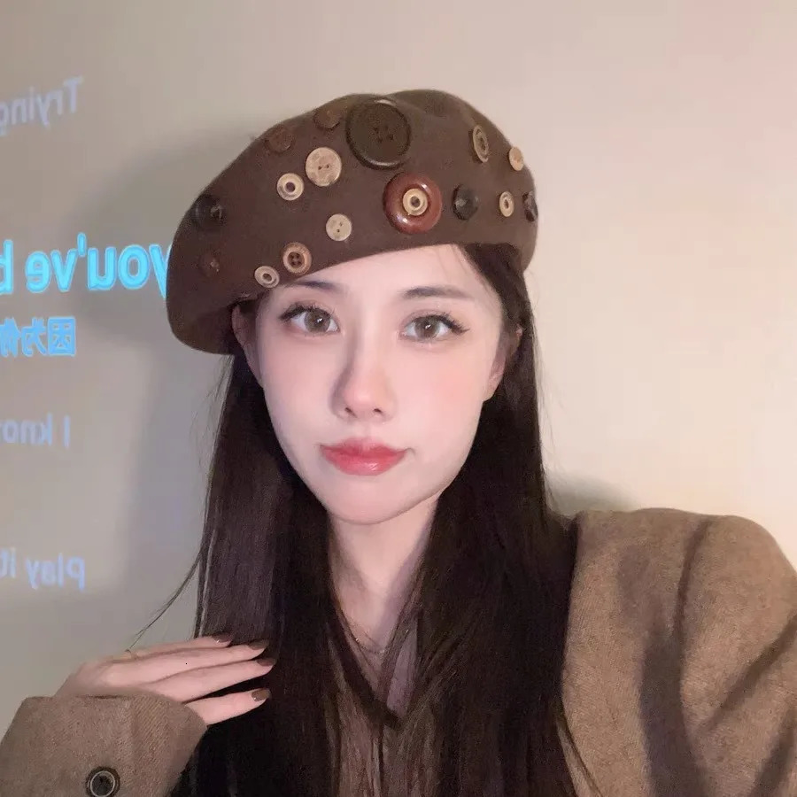 Autumn Wool Beret Brown Button Artist Cap Korean Style 8Panel Hat for Women 251023