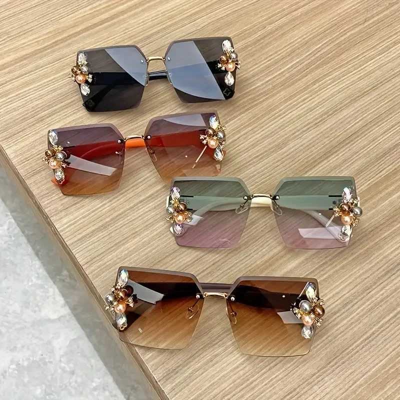 Rhinestone Decor Fashion Glasses For Women Men Casual Gradient Rimless Glasses For Summer Beach Rave PartyT251024