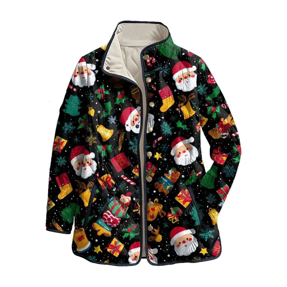 Fashion Christmas Print Cotton Padded Jackets For Women 2026 Autumn Winter Warm Fleece Coat Long Sleeve Button Quilted Jacket