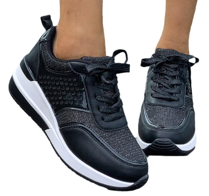 European and American women's wedge heel thick soled sports shoes in large size breathable sequins round toe straps spring and autumn new casual 