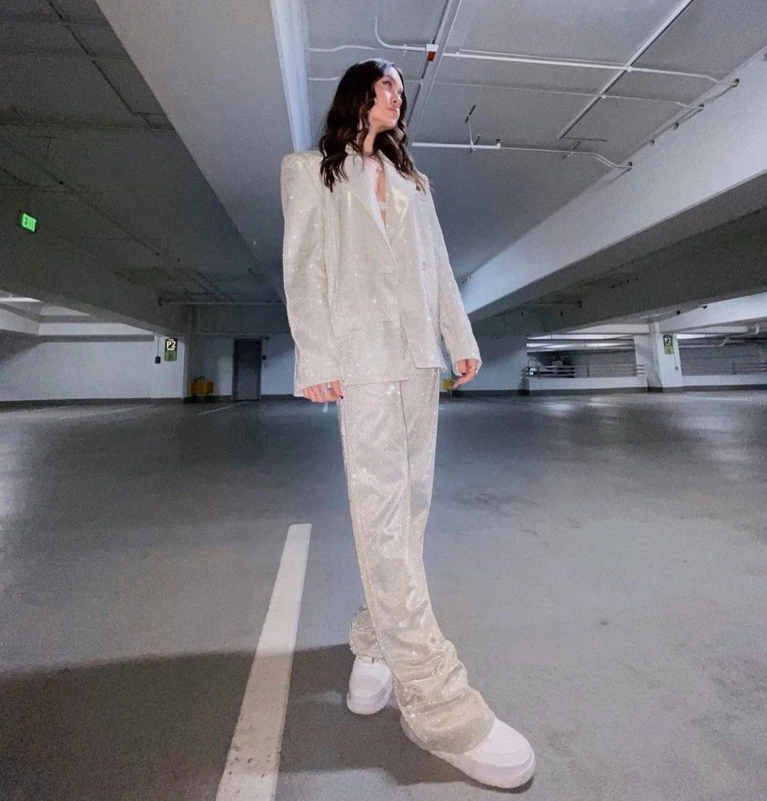 Fashion Solid Ladies 3 Pieces Sets Blazer Fashion Spring Long Sleeve Sequins Blazer Coat High Waist Pants Legs Female 251023