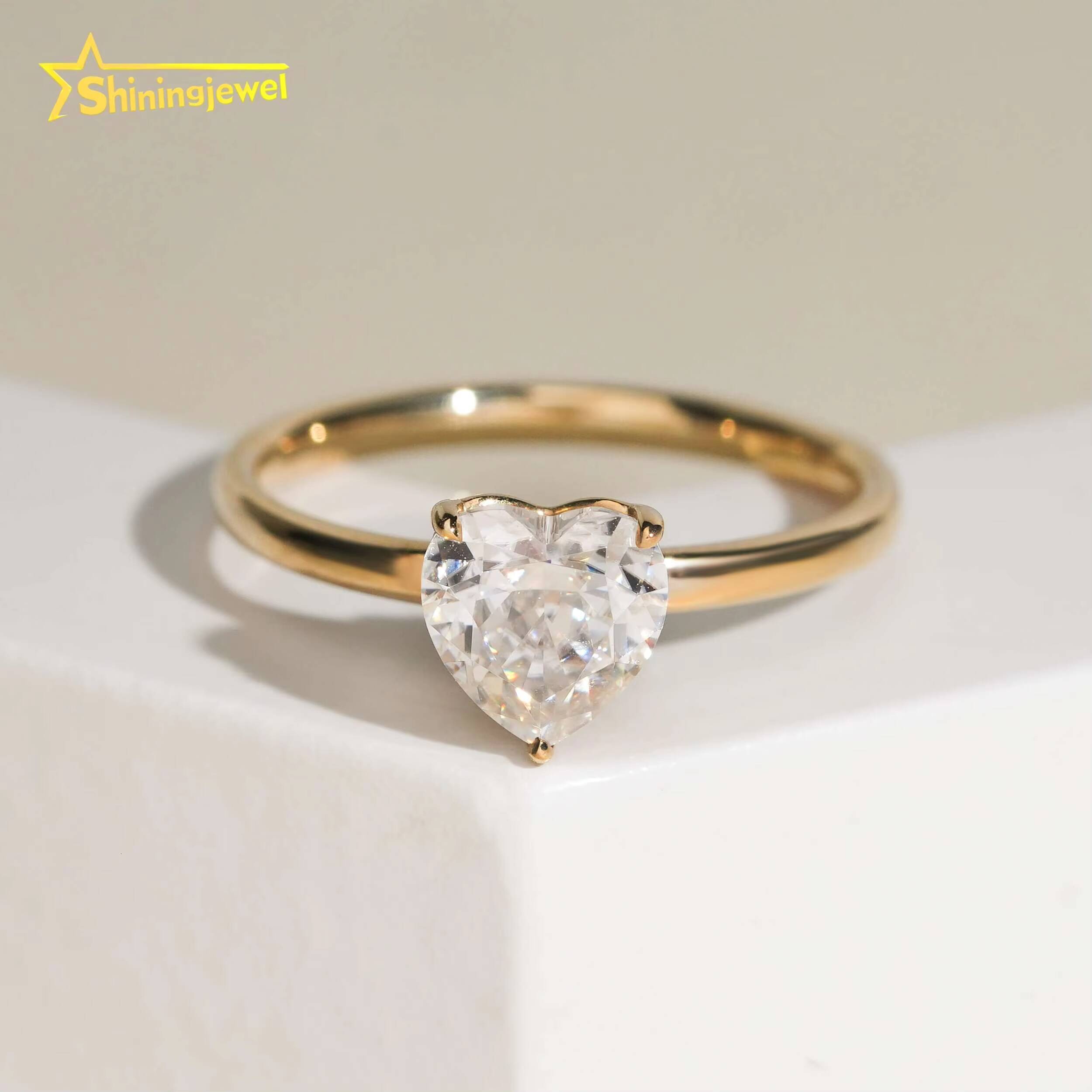Pass Diamond Test Heart Cut Moissanite Solitaire 14k Solid Gold Engagement Wedding Rings